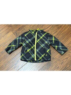 Toddler Plaid Puffer Jacket Size 12M Black & Neon Yellow Lightweight & Warm U13